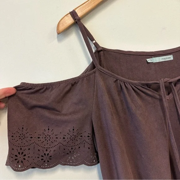 Maurices Chocolate Brown Cold Shoulder Blouse with Cutout Lace Sleeves - Picture 2 of 8
